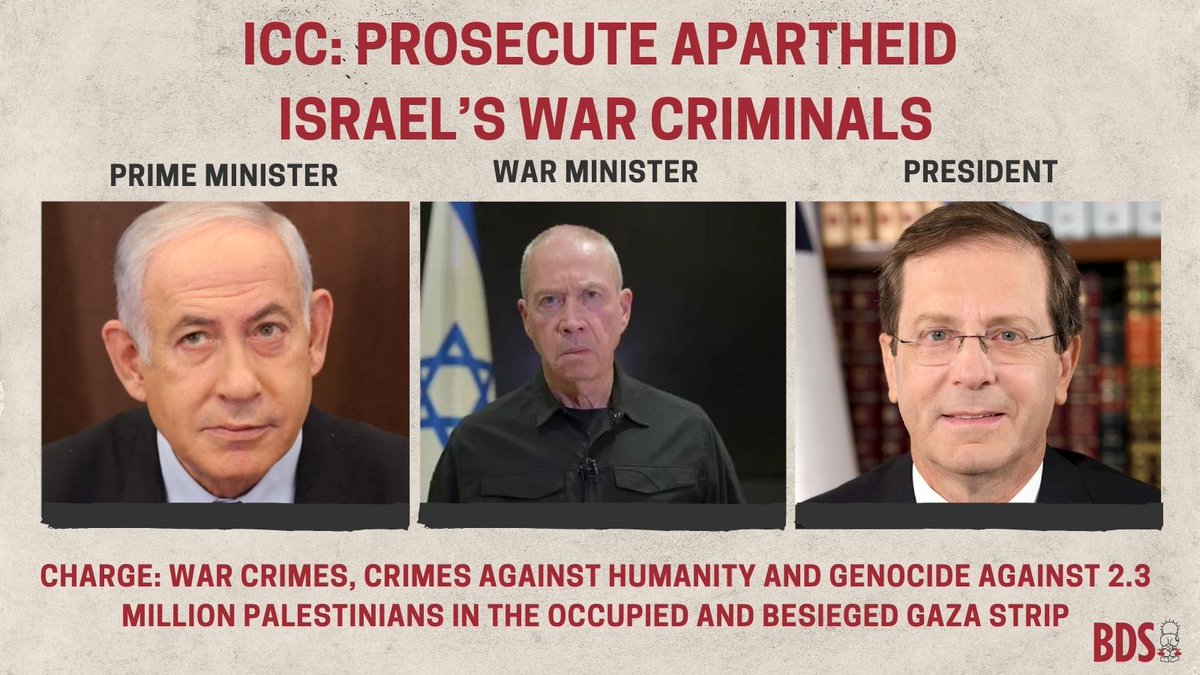 BDSmovement's tweet photo. #BDS welcomes a lawsuit at the @IntlCrimCourt (ICC) seeking arrest warrants for Israeli leaders, for war crimes &amp; the genocide of Palestinians in Gaza.

We call for maximizing int'l pressure on the ICC to fulfill its duty to urgently stop #GazaGenocide.

#ICComplicity
#ICC4Israel https://t.co/T4Qwjr2TlD