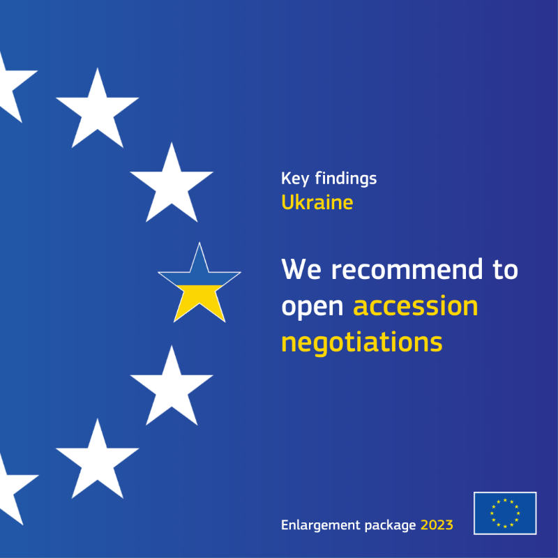 EU_Commission's tweet photo. 🇺🇦🇪🇺 This week, we've recommended that the @EUCouncil opens accession negotiations with Ukraine.

Despite the ongoing war, Ukraine demonstrated resolve in making progress in creating a powerful reform dynamic.

Key findings of the 2023 Report on Ukraine ↓ #StandWithUkraine