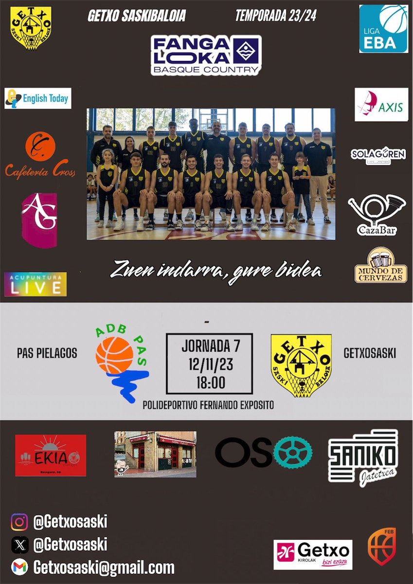 GetxoSaski's tweet photo. #ligaEba | JORNADA 7
@PasPielagos 🆚 @GetxoSaski
🗓️ 12/11/23
⏰ 18:00
📍Polideportivo Fernando Exposito (Pielagos)
GOAZEN MUTILAK!⚫️🟡
#getxosaski #getxokirolak https://t.co/gojDLOnQPE