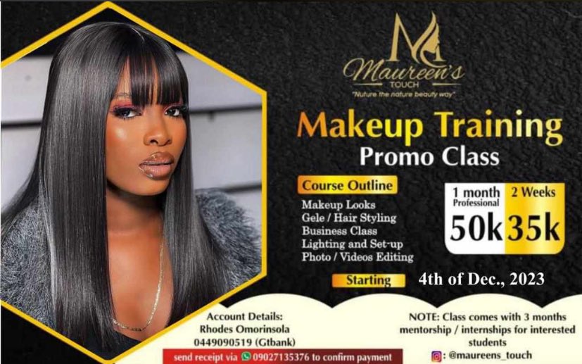 MaureenRoxy's tweet photo. The best class makeup training promo class is here again!!!! 🔊🔊🔊 I’m sure you don’t want to miss this opportunity… 

#maureenstouch #fyp https://t.co/PPYHQlVZH6