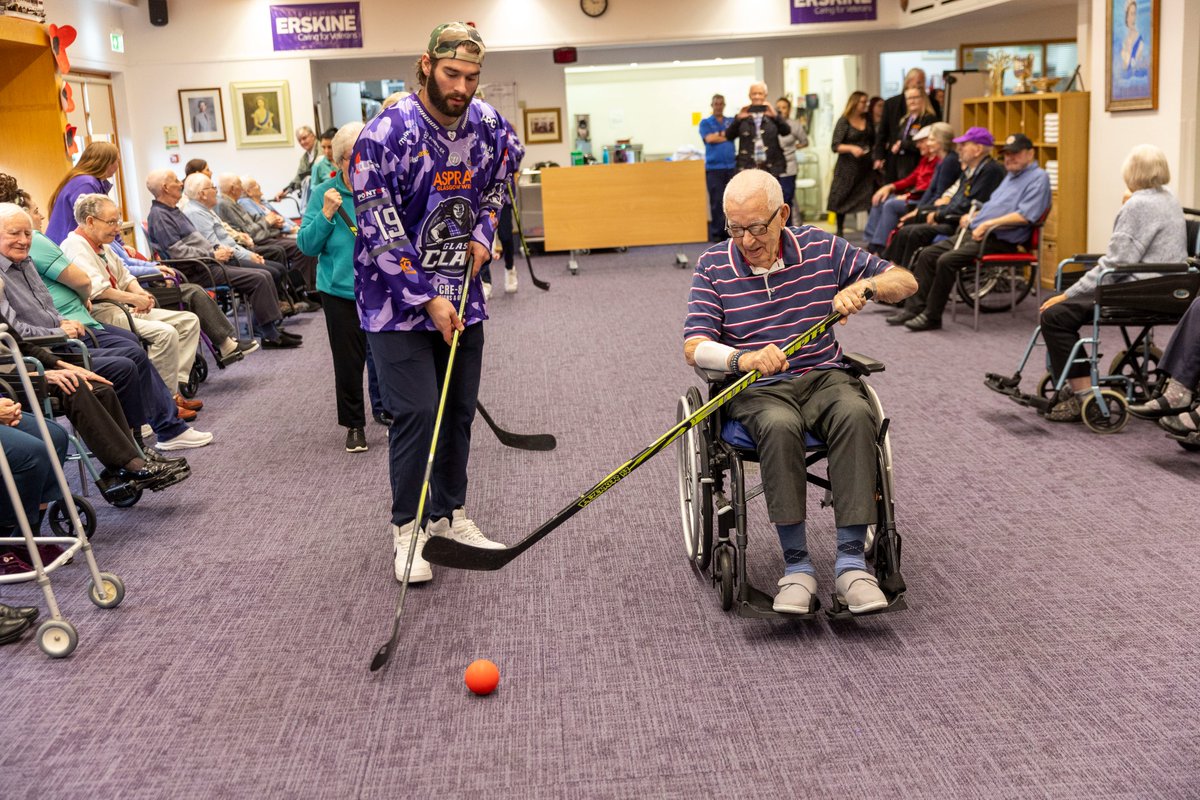 ErskineCharity's tweet photo. Glasgow Clan ice hockey players will literally be giving the shirts off their backs on Armistice Day to raise money for Erskine 🏒

The @ClanIHC has decided that their home game against rivals @FifeFlyers on Saturday, November 11, should be dedicated to raising money for our Veterans.

The players will be wearing specially-designed Remembrance camouflage jerseys during the game that will be auctioned off to fans after the match. All profits from the auction and loads of other fundraising activity on the day will go to Erskine Veterans Charity.

Some of the players popped in this week to show our residents how it's done, putting them through their paces on our carpet - a much different rink than they're used to!

Thanks to all involved for a fun day for our Veterans, and for such an incredible fundraising effort.