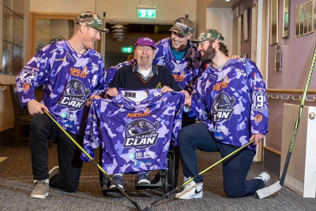ErskineCharity's tweet photo. Glasgow Clan ice hockey players will literally be giving the shirts off their backs on Armistice Day to raise money for Erskine 🏒

The @ClanIHC has decided that their home game against rivals @FifeFlyers on Saturday, November 11, should be dedicated to raising money for our Veterans.

The players will be wearing specially-designed Remembrance camouflage jerseys during the game that will be auctioned off to fans after the match. All profits from the auction and loads of other fundraising activity on the day will go to Erskine Veterans Charity.

Some of the players popped in this week to show our residents how it's done, putting them through their paces on our carpet - a much different rink than they're used to!

Thanks to all involved for a fun day for our Veterans, and for such an incredible fundraising effort.