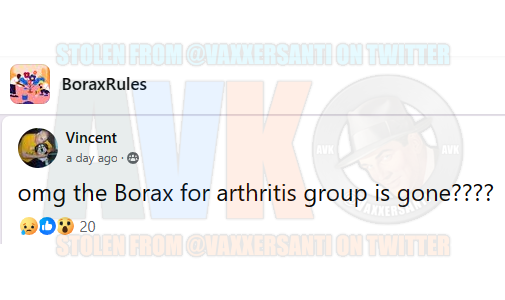 I'm back and I'm bringing good news with me.

The largest borax eater group on Facebook (40k+ members) "Borax For Arthritis And Health" has finally been nuked by Facebook.