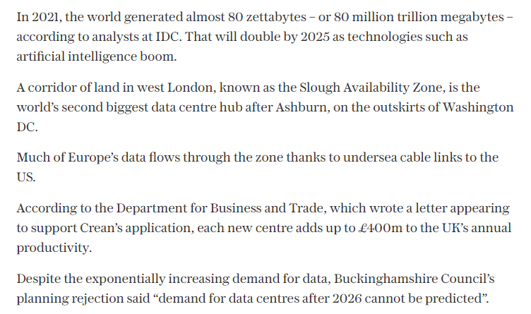 Spoke to the developer whose plan for a £2.5bn data centre on the edge of the M25 was blocked by planning laws last week:

"It’s an illustration of the death grip that green belt policy has on growth in this country."
 
telegraph.co.uk/business/2023/…