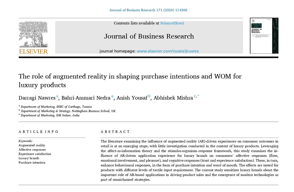 #Publicationalert! In a newly published article, our colleague Dr. Anish Yousaf and his co-authors
examine the role of #AugmentedReality in shaping #purchase #intentions and #WOM for #luxuryproducts. Article👉:

sciencedirect.com/science/articl…

#AugmentedReality #AffectiveResponses