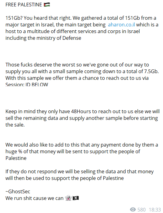 FalconFeedsio's tweet photo. GhostSec claims to be selling 151GB of data from multiple organizations in Israel.

#Israel 
#DataBreach #DarkWeb #Threatintel #IsraelPalestineWar https://t.co/0To8xC9CQ4