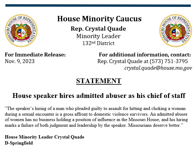 MOLegDems's tweet photo. Minority Floor Leader @crystal_quade, D-Springfield, has released the following statement yesterday evening on House Speaker Dean Plocher's decision to hire admitted abuser Rod Jetton as his chief of staff. (1/3) https://t.co/9o8B6eSqf5