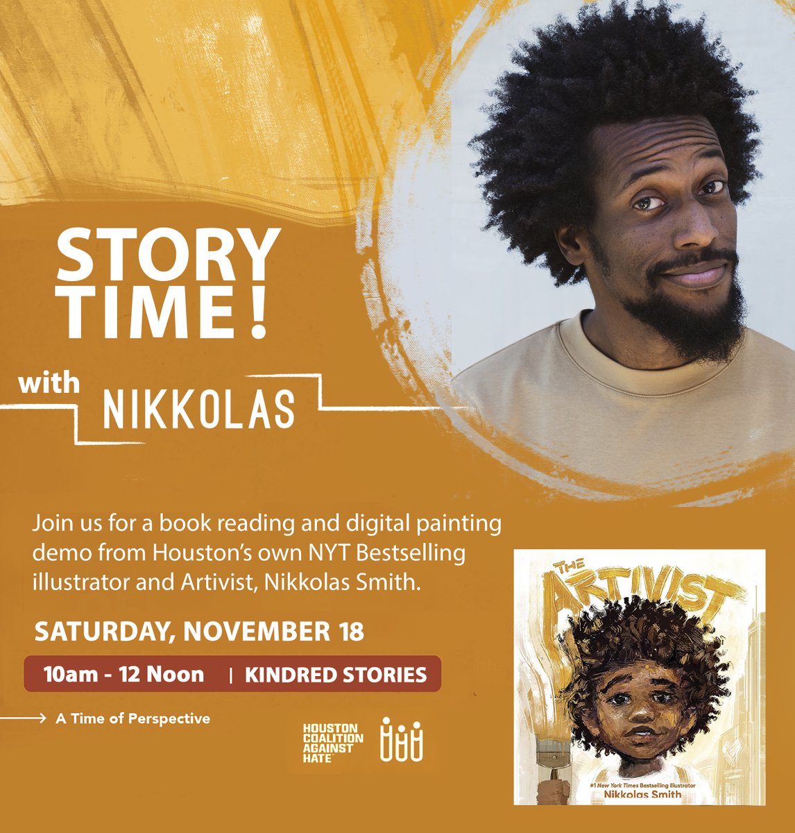 The temperature has dropped and it's time to start story time in the Garden again! Join us for a special story time and illustration demo with author-illustrator, Nikkolas Smith on November 18 at 10 AM! Nikkolas Smith, born and raised in Houston, TX is an Artivist, picture bo