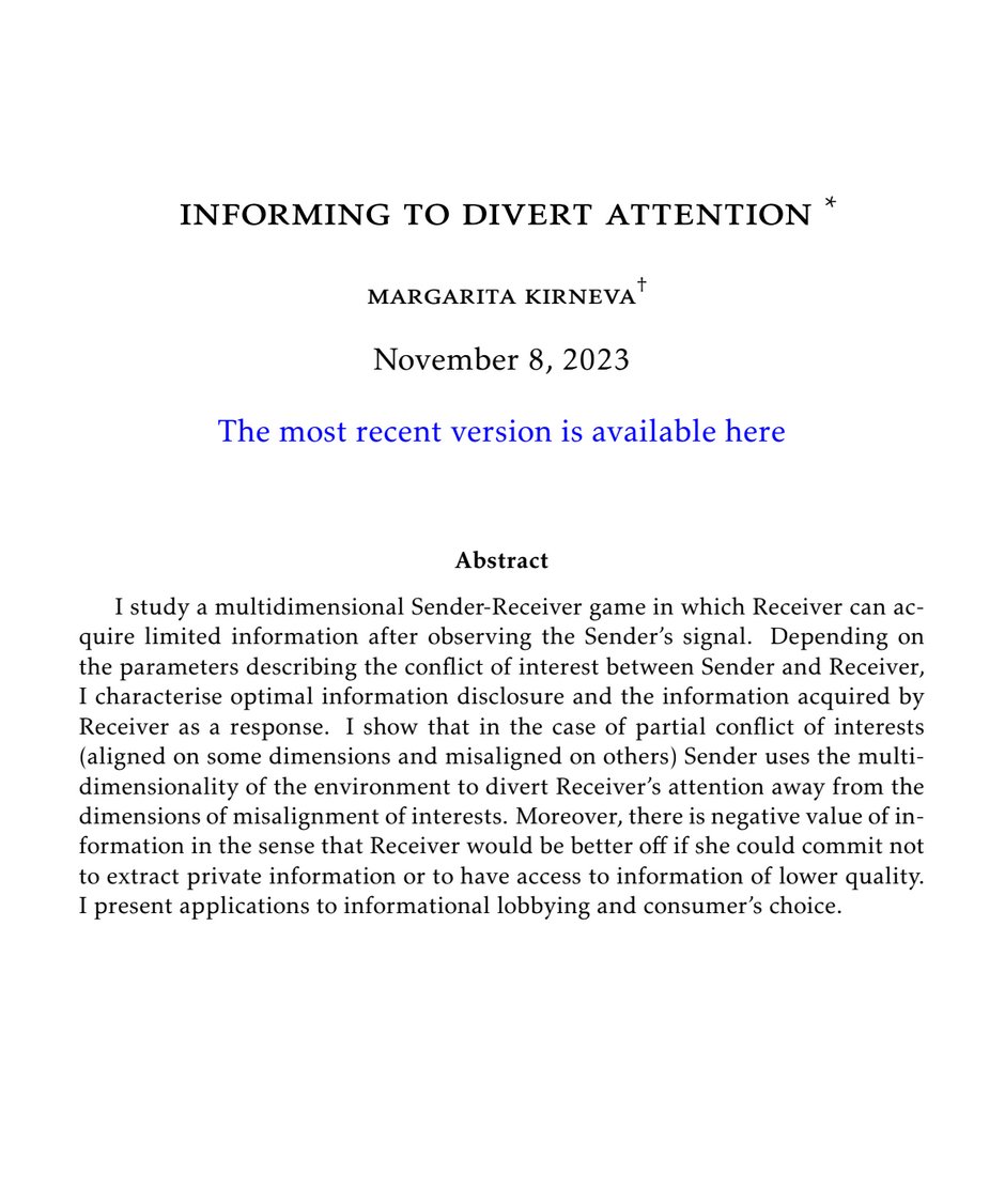 CREST (UMR 9194) (@crestumr) on Twitter photo 🚨#EconJobMarket 🎓
Does it make sense for economic agents to inform about something they want to hide?
In her #JobMarketPaper <a href="/MKirneva/">Kirneva Margarita</a> uncovers a new role for information provision.
👉 crest.science/opportunities-…
#EconTwitter #Research #JMP 🚨#EconJobMarket 🎓
Does it make sense for economic agents to inform about something they want to hide?
In her #JobMarketPaper <a href="/MKirneva/">Kirneva Margarita</a> uncovers a new role for information provision.
👉 crest.science/opportunities-…
#EconTwitter #Research #JMP