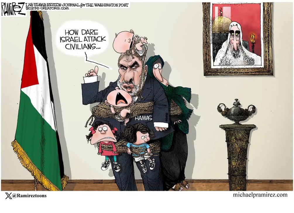 HeathMayo's tweet image. Wow. The Washington Post apparently pulled this cartoon, which does a great job capturing the evil and hypocrisy of Hamas.

Share it far and wide. Shame on the Post.