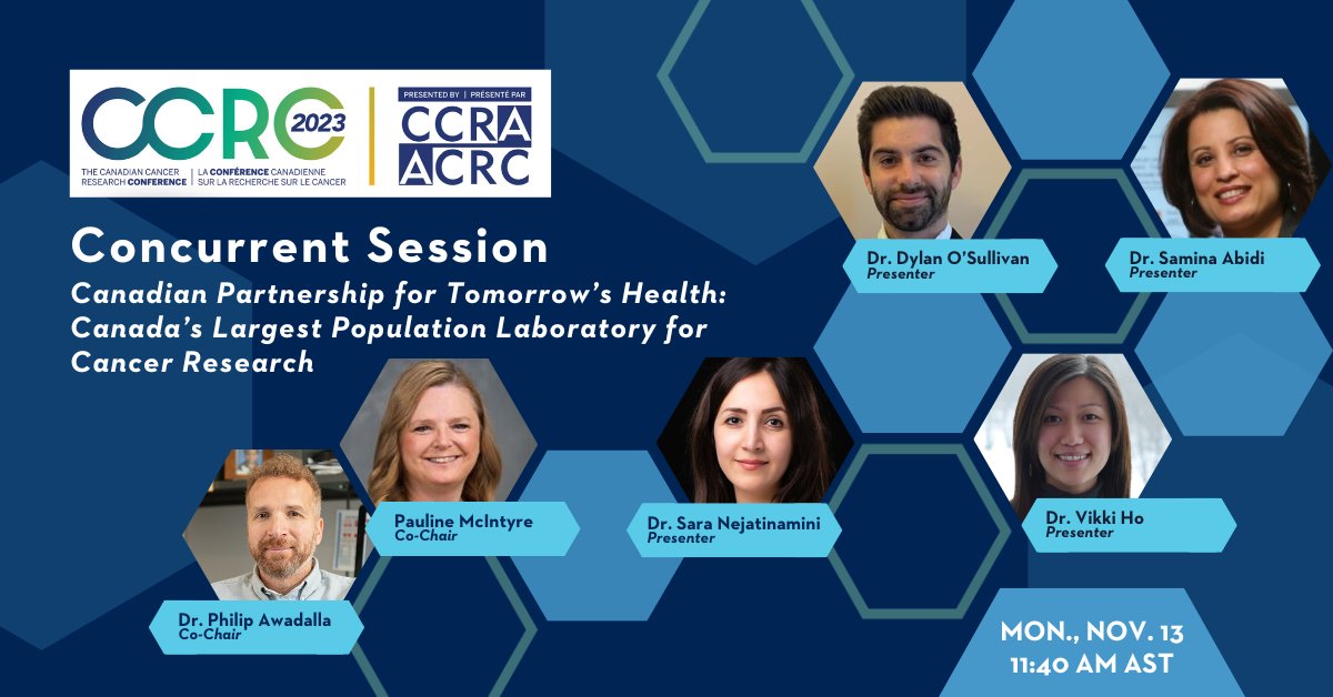 Team members from @CanPath, @AtlanticPATH, @CARTaGENE, @ON_HealthStudy, @MBTmrwProject, @ATPResearch & @bcgenproj are excited to attend #CCRC2023 hosted by the @CCRAlliance! Be sure to watch for the CanPath session chaired by Dr. Philip Awadalla (@AwadallaLab). #CancerResearch