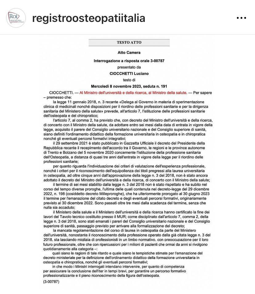 OsteoFabio's tweet photo. Nuova interrogazione parlamentare presentata alla Camera dall’On. @Lciocchetti per chiedere l’emanazione del decreto sulla formazione universitaria, necessario per concludere l’iter della legge 3/2018.
@mur_gov_
@MinisteroSalute

#decretosubito #osteo https://t.co/D5LAKZA8Uz