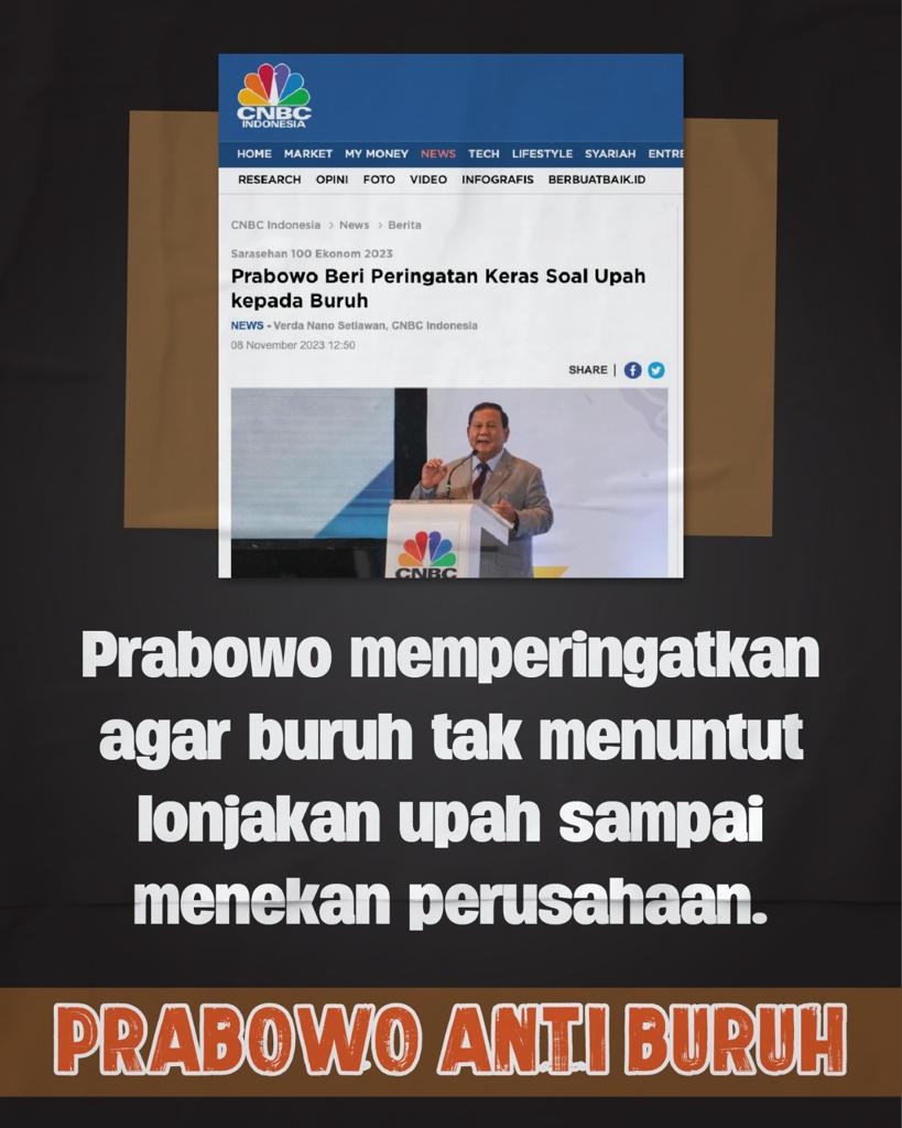 Sejak kapan buruh menuntut pengusaha menaikkan upah nanti pidana.
Pak Prabowo, bijaklah anda dalam becakap, jgn menakut nakuti buruh seakan pengusaha bisa minggat bila buruh meminta kenaikan upah.
Ini sama saja artinya bahwa Parabowo Anti Buruh