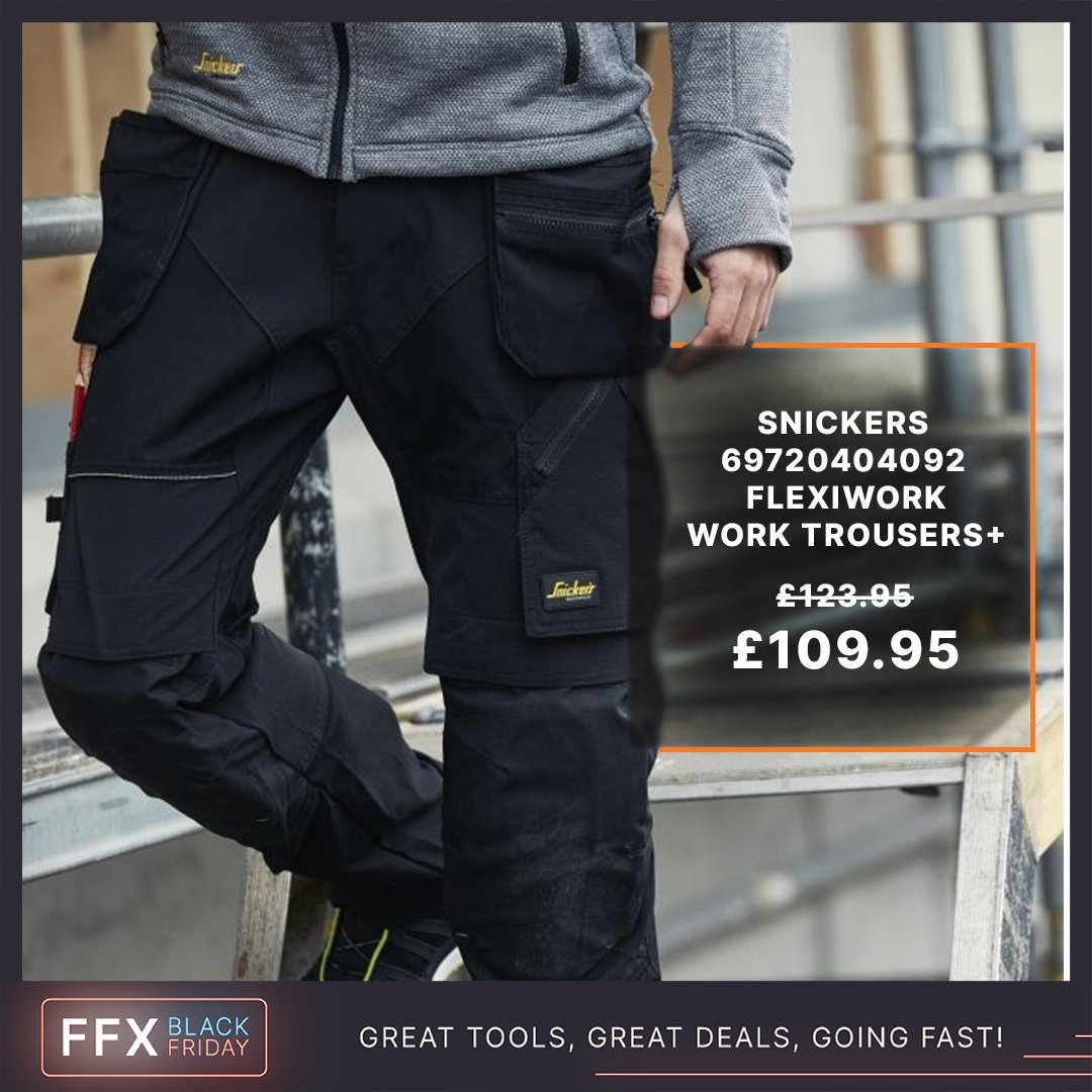 ToolsFfx's tweet image. Work comfortably and efficiently with @Snick@snickersworkwear  6972 Flexiwork Trousers+! Now available for £109.95 in our Black Friday event, down from £123.95. Flexibility, durability, and style—all in one amazing package. Visit  bit.ly/47gOyWQ #FFXtools #Blackfriday