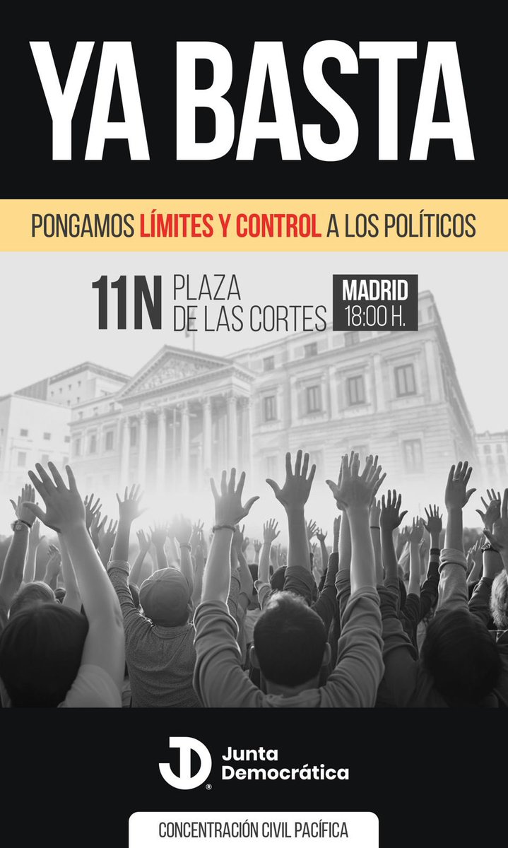 gisbert_ruben's tweet image. YA BASTA
Pongamos límites y control a los políticos
📆 Sábado 11 de Noviembre a las 18:00
📍 Frente al Congreso de los Diputados, Madrid
Concentración civil pacífica
¡COMPARTE! 
#YaBasta #ControlaLosPoliticos #Libertad #AmnisitaNo