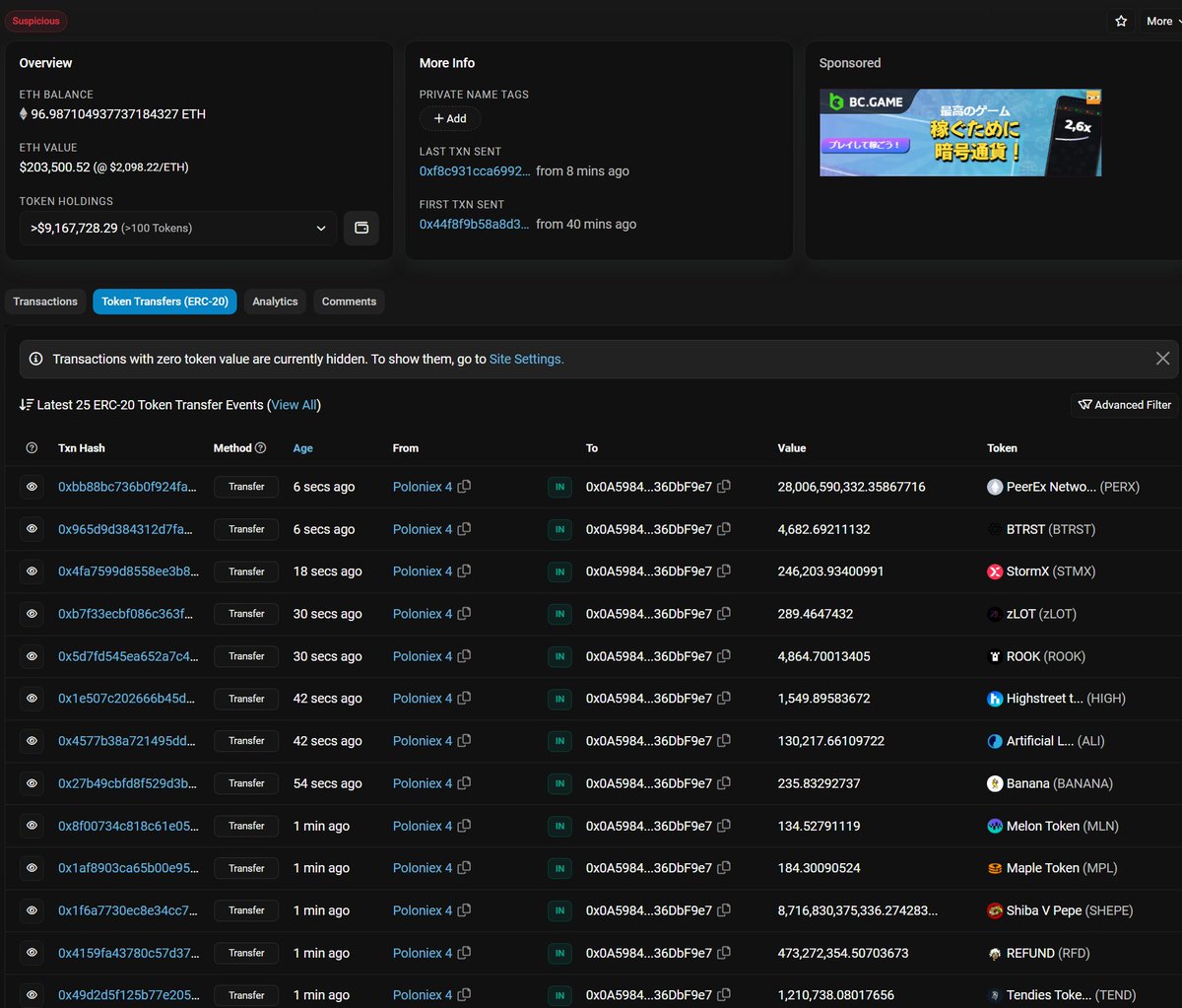 GOX速報：米仮想通貨取引所のPoloniexがハッキングを受けた模様で、936万ドル相当のETH及びERC20トークンがドレインされる。  やはりJustin死神説は正しかった模様🤔なお現在も被害が拡大中 #イーサリアム #ETH #仮想通貨 #暗号資産 #DeFi #Poloniex  #ハッキング #GOX $TRX