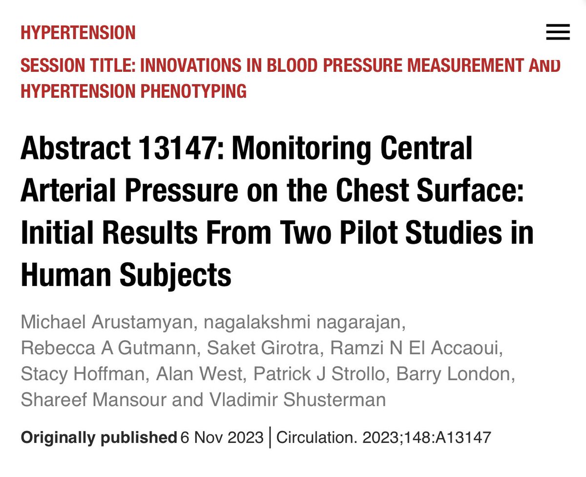 Excited to present our pilot studies of non-invasive arterial pressure monitoring. Grateful for all the support of my mentors! #AHA2023