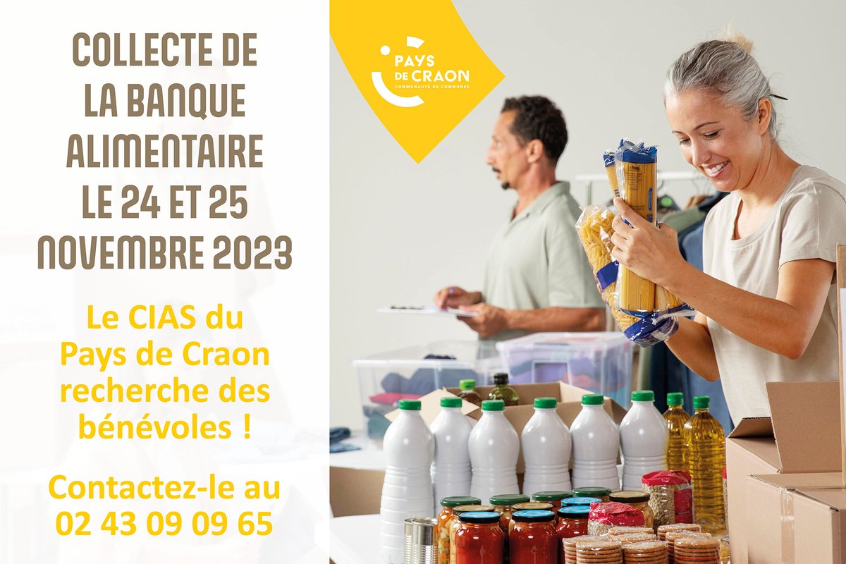 Bertrand de Guébriant (@guebriant) on Twitter photo La #collecte nationale des <a href="/BanquesAlim/">Banques Alimentaires</a> aura lieu les 24 et 25 novembre 2023. Le CIAS du <a href="/PaysCraon/">Pays de Craon</a> recherche des #bénévoles pour assurer des permanences dans les surfaces de vente alimentaire. ℹ️02 43 09 09 65 ou contact@cias.paysdecraon.fr La #collecte nationale des <a href="/BanquesAlim/">Banques Alimentaires</a> aura lieu les 24 et 25 novembre 2023. Le CIAS du <a href="/PaysCraon/">Pays de Craon</a> recherche des #bénévoles pour assurer des permanences dans les surfaces de vente alimentaire. ℹ️02 43 09 09 65 ou contact@cias.paysdecraon.fr