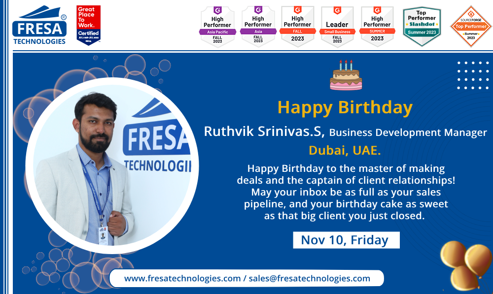 fresatechnology's tweet image. Happy Birthday to Ruthvik Srinivas. S, Business Development Manager
Happy Birthday to the master of making deals and the captain of client relationships!
#fresa #businessdevelopment | #developmentmanager | #sales | #development | #birthday | #celebration | #happybirthday