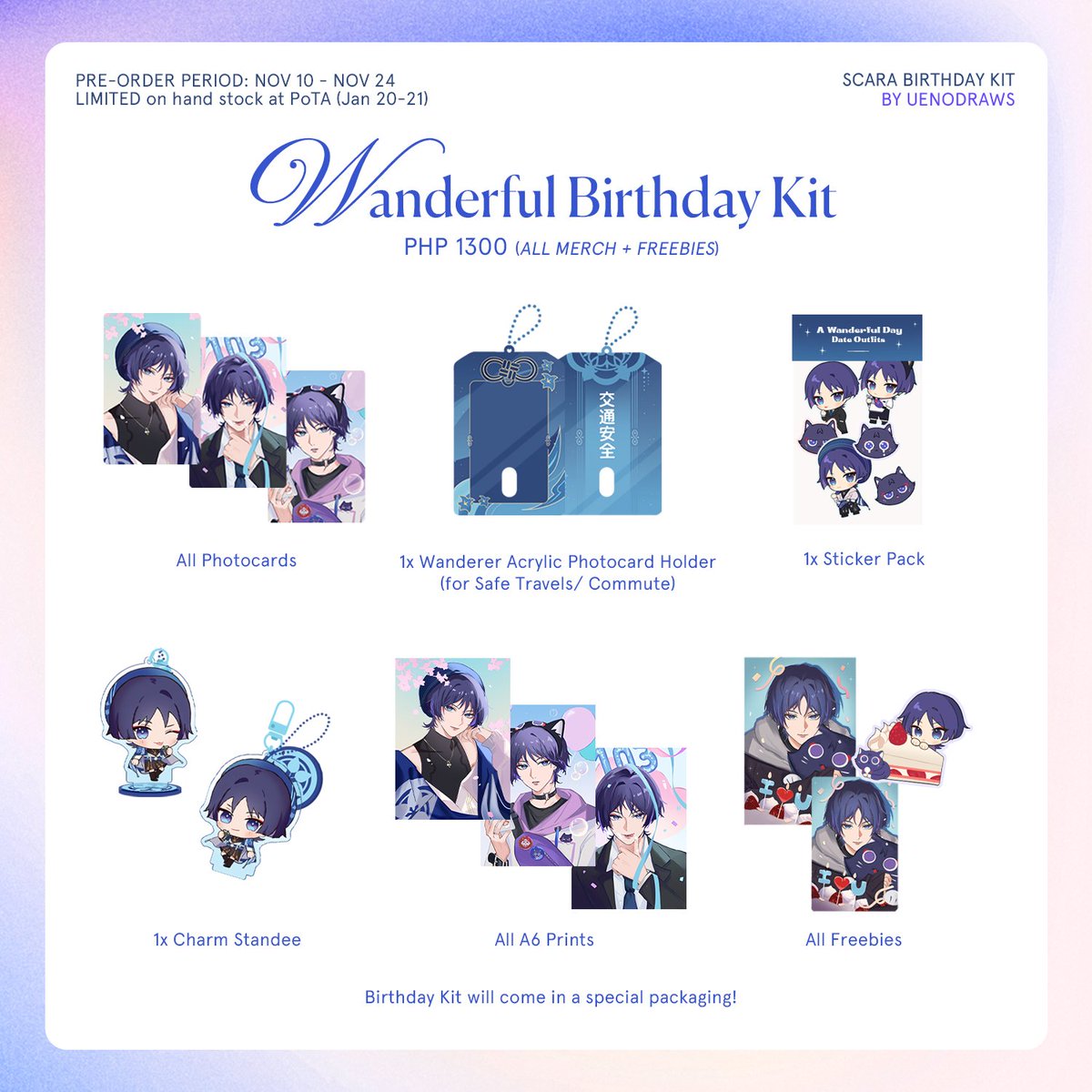 uenodraws's tweet photo. RTs appreciated! 🩵

Scara's Bday Kit! Pre-orders now open!

📅 PO period: Nov 10 - Nov 24
🇵🇭 PH only: https://t.co/OS0xu01Nyc
💌 Group Order w PH Warehouse: please DM if interested

Giveaway is PH only! Just like + RT this post (see detail + more merch previews ↓) https://t.co/Ah6wWVuEss
