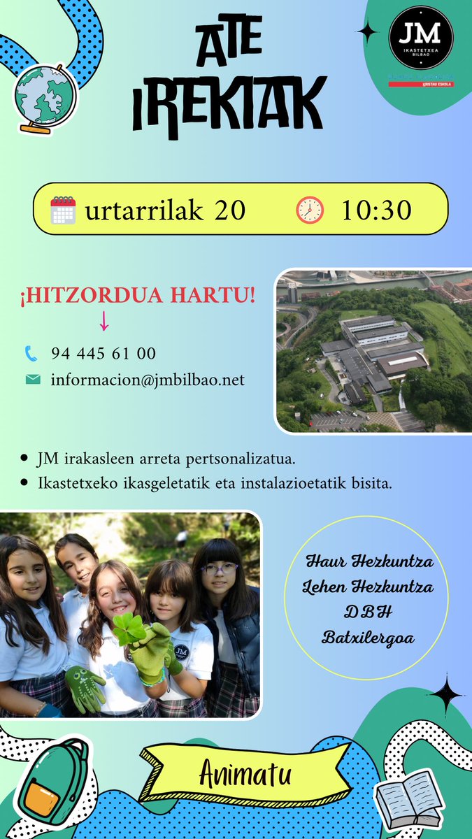 JMBikastetxea's tweet photo. ¡JORNADA DE PUERTAS ABIERTAS! 🏫

🗓️20 de enero a las 10:30

➡️Coge cita a través del número de teléfono o correo electrónico.

Os esperamos, ¡animaos! https://t.co/FF2gL0tlW1