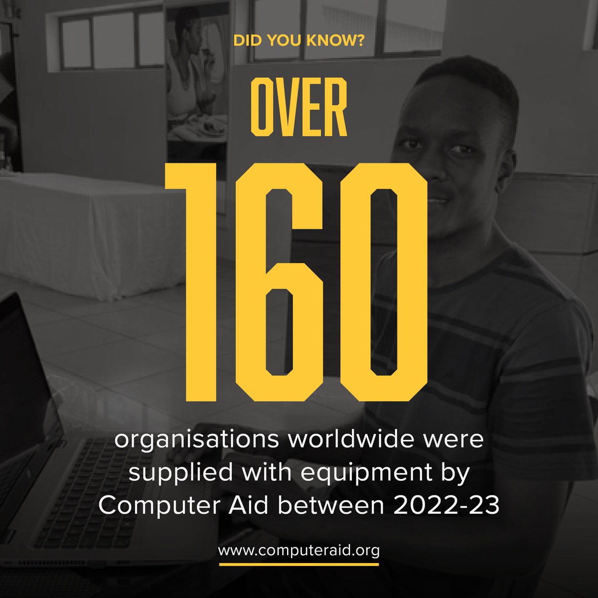 Computer_Aid's tweet image. Between 2022-23, Computer Aid has supplied over 160 organisations with digital equipment worldwide! 

Thanks to the support of all our equipment donors, we are able to continue supplying technology to organisations across the globe! 💛

#ComputerAid #ComputerDonation