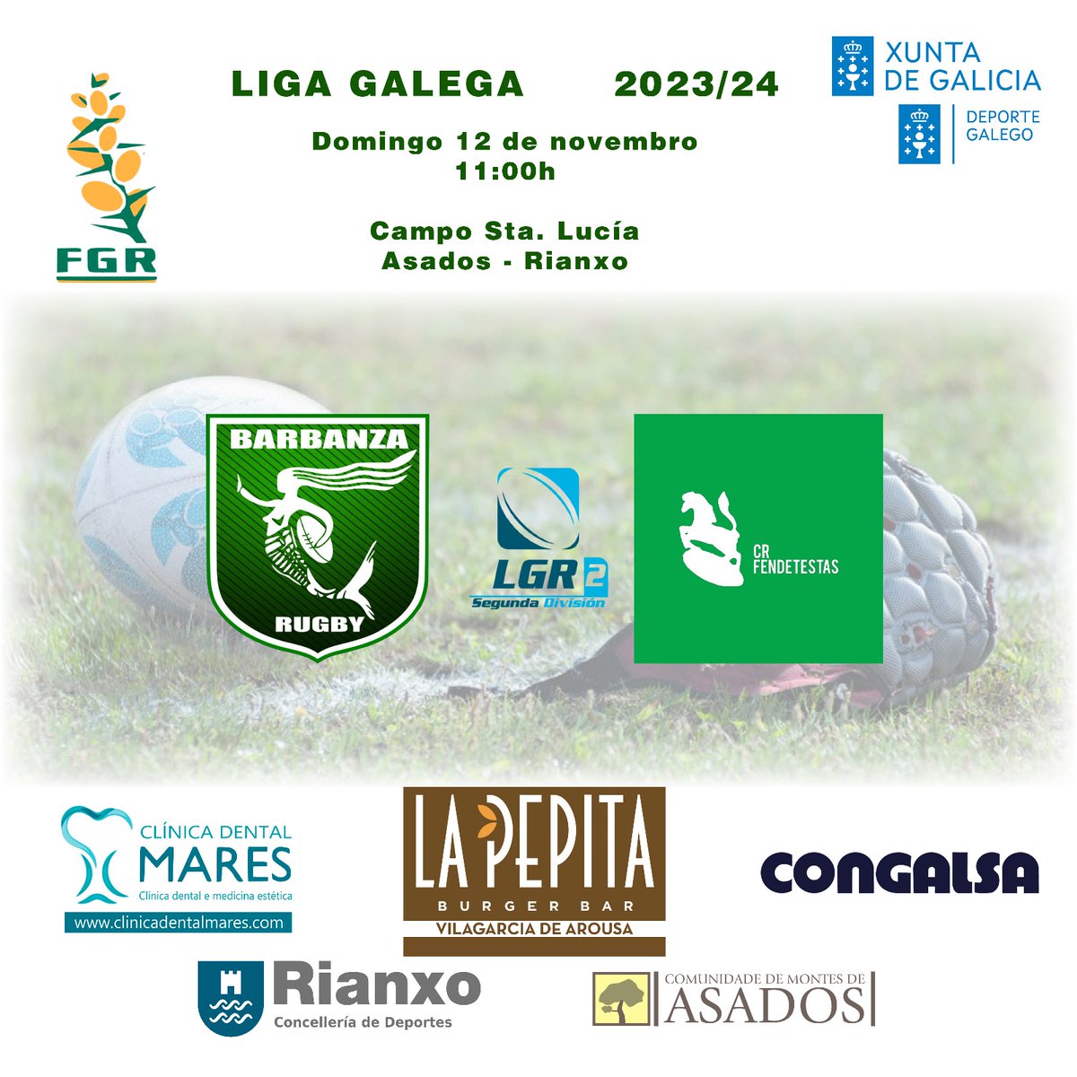 Axenda Fin de semana
🏆 <a href="/BarbanzaRC/">Barbanza Clínica Mares Rugby Club</a> - <a href="/fendetestasrugb/">Fendetestas Rugby</a> 
📍 Asados - Rianxo
🕙11:00, Domingo 12 de Novembro

<a href="/RugbyGalicia/">Galicia Rugby</a>