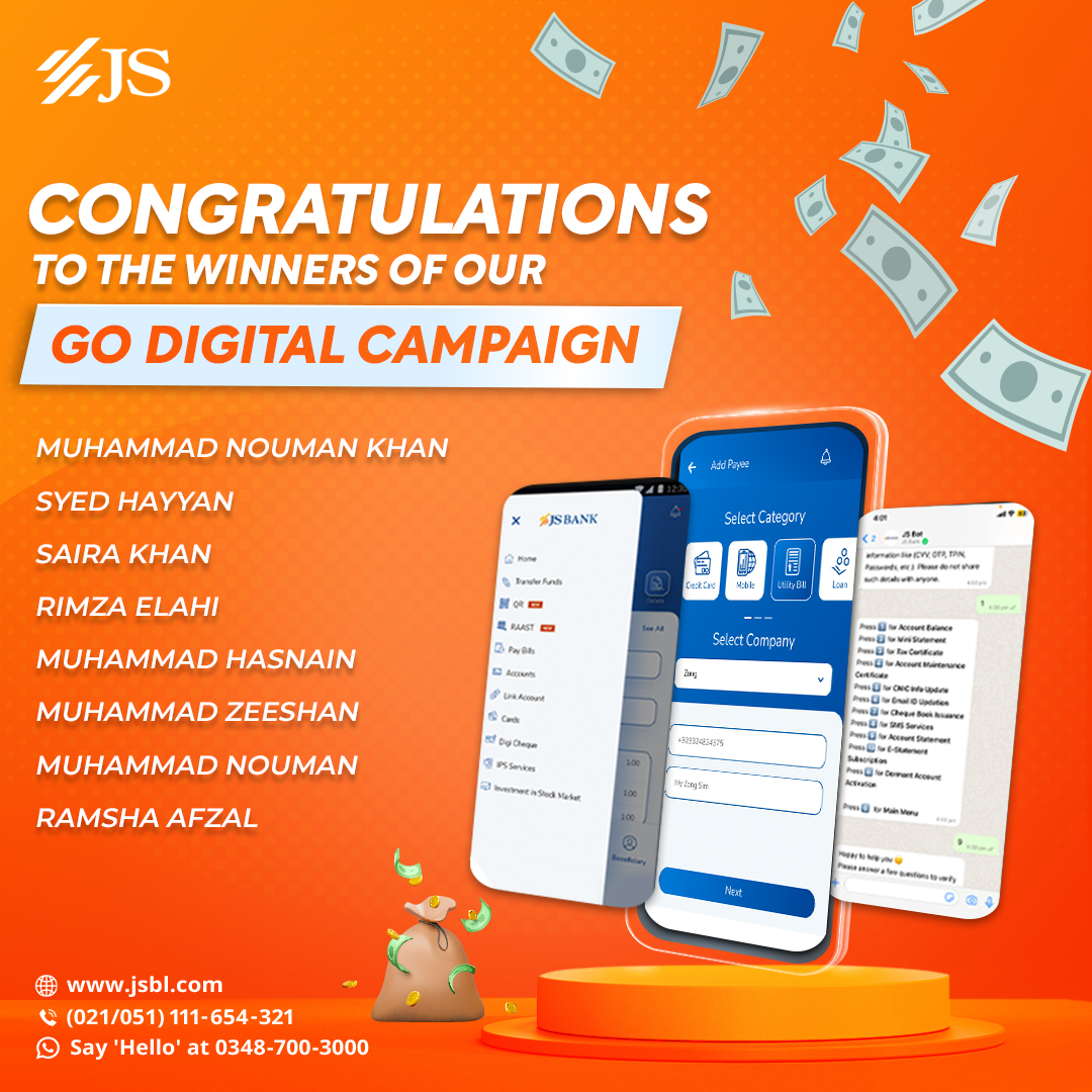 JSBLPak's tweet photo. Congratulations to Go Digital Winners for securing a prize of PKR 10,000!
#JSBank #BarhnaHaiAagay #DigitalServices #JSMobile #JSInternetBanking #JSBot #Raast #GoDigital https://t.co/xwVTHtAa6N
