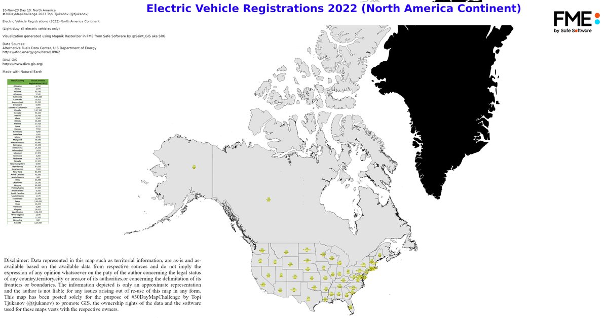 Saint_GIS's tweet photo. 10-Nov-23 Day 10: North America
#30DayMapChallenge 2023 @tjukanov
Electric Vehicle Registrations (2022)-North America Continent
(Light-duty all electric vehicles only)
Visualization generated using #Mapnik Rasterizer in #FME from @SafeSoftware https://t.co/y4RstUETn5