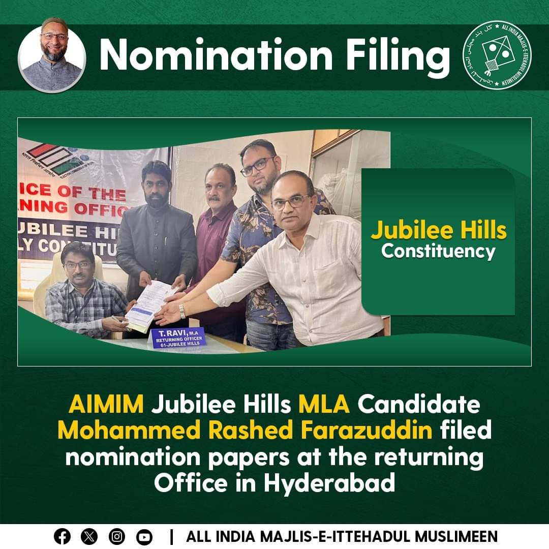MohdRashedFaraz's tweet photo. #AIMIM Jubilee Hills MLA Candidate Mohammed Rashed Farazuddin filed nomination papers at the returning Office in Hyderabad.
#AIMIM #VoteForKite #VoteForRight #VoteForAIMIM #AssemblyElections2023 #TelanganaElections2023 #ElectionCommissionOfIndia #NominationFiling #LatestPoster #jublihills #VoteForDevelopment #OnlyMajlis #Hyderabad #Telangana #india