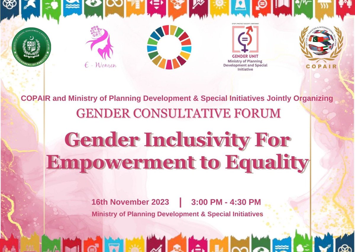 Gender Unit (@genderunitpc) on Twitter photo Calling Experts! A consultative session on #Gender on 16th Nov 2023, is being organised by <a href="/PlanComPakistan/">Ministry of Planning and Development</a> in collaboration with CoPAIR
The forum aims collecting valuable contribution from experts on
🔸 National Gender Policy Framework
🔸devising initiatives on gender equality Calling Experts! A consultative session on #Gender on 16th Nov 2023, is being organised by <a href="/PlanComPakistan/">Ministry of Planning and Development</a> in collaboration with CoPAIR
The forum aims collecting valuable contribution from experts on
🔸 National Gender Policy Framework
🔸devising initiatives on gender equality