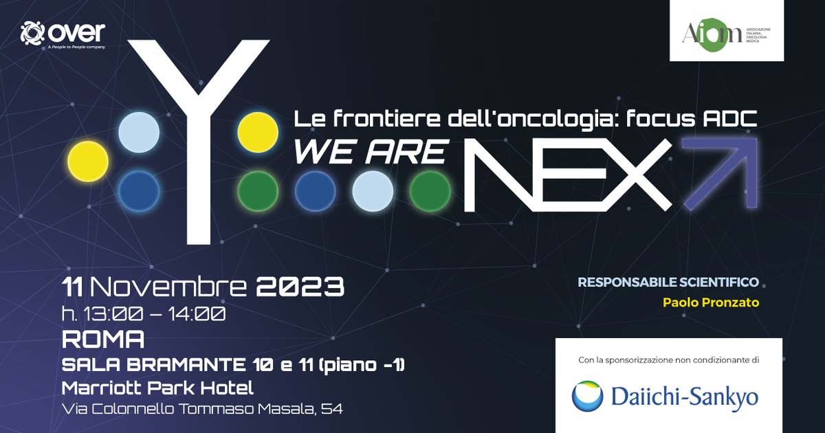 Over (@overeventi) on Twitter photo Domani 11/11-Congresso AIOM
WE ARE NEXT–Le frontiere dell’oncologia: focus ADC
Gli anticorpi monoclonali farmaco-coniugati come promettente opzione terapeutica.
Con P. Pronzato, <a href="/CarmineDeA1/">Carmine De Angelis</a> <a href="/vitti10/">Maria Vittoria Dieci</a> <a href="/matteolambe/">Matteo Lambertini, MD PhD</a>, <a href="/sara_lonardi1/">Sara Lonardi</a> <a href="/PassigliaFra/">Francesco</a>.
Iscrizioni: overgroup.eu/evento/we-are-… Domani 11/11-Congresso AIOM
WE ARE NEXT–Le frontiere dell’oncologia: focus ADC
Gli anticorpi monoclonali farmaco-coniugati come promettente opzione terapeutica.
Con P. Pronzato, <a href="/CarmineDeA1/">Carmine De Angelis</a> <a href="/vitti10/">Maria Vittoria Dieci</a> <a href="/matteolambe/">Matteo Lambertini, MD PhD</a>, <a href="/sara_lonardi1/">Sara Lonardi</a> <a href="/PassigliaFra/">Francesco</a>.
Iscrizioni: overgroup.eu/evento/we-are-…