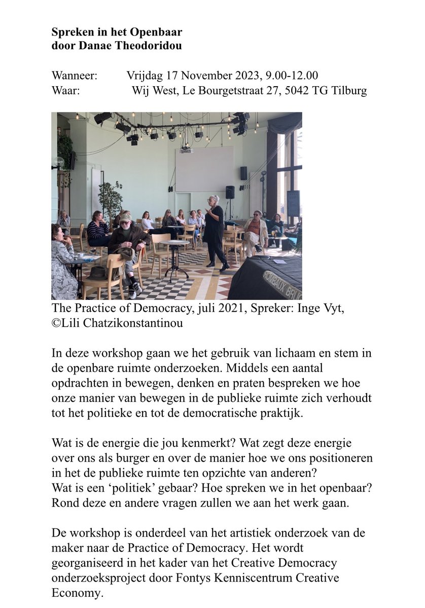 Wil jij meedoen aan een workshop: spreken in het openbaar, georganiseerd door <a href="/Fontys/">Fontys</a> bij @wijwesttilburg ? 
Met speciale gastspreker: Aziza Aboulkacem Jardaoui
Geef je dan snel op via wijwest.nl/nieuws/17-nove…