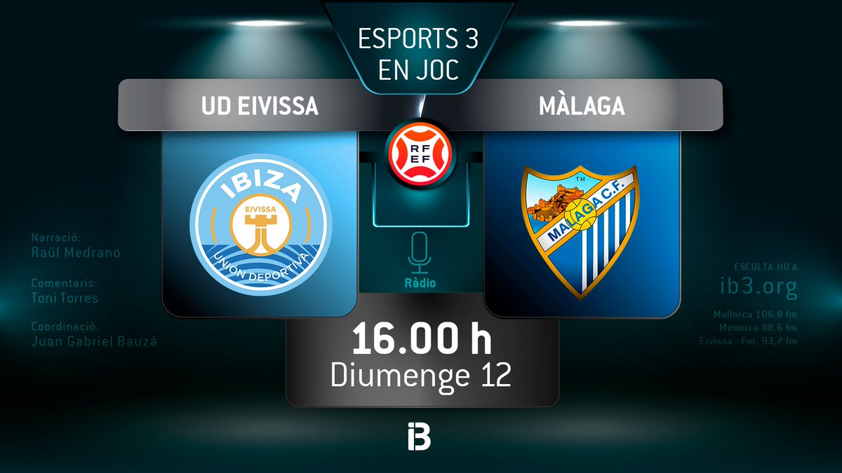 ➡️ Diumenge, 2⃣ partits de futbol de 1a Federació

<a href="/atleticbalears/">Atlético Baleares</a> ⚔️ <a href="/Merida_AD/">A.D. Mérida</a>⌚️ 12 h

Narració: <a href="/MartaSanpas13/">Marta Sanpas🏳️‍🌈</a>  
Comentaris: <a href="/rsastres/">Rafael Sastre</a>
Coordinació: <a href="/JGBauza1980/">Juan Gabriel Bauzá</a>

<a href="/ibizaud/">UD Ibiza 🩵</a> ⚔️ <a href="/MalagaCF/">Málaga CF</a>⌚️ 16 h

Narració: <a href="/medranodeblas/">Raül Medrano</a>
Comentaris: <a href="/trestorres15/">toni torres torres</a>
Coordinació: <a href="/JGBauza1980/">Juan Gabriel Bauzá</a>