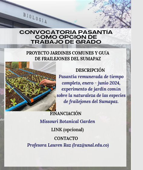 bionotasun's tweet photo. Invitamos a postularse a la pasantía "Proyecto jardines comunes y guía de frailejones del Sumapaz" financiada por el Missouri Botanical Garden. El plazo de inscripción es hasta hoy viernes 10 de noviembre. Si estás interesad@ escribe a la la profe Lauren Raz del @icnunal https://t.co/tqZ6OJuHVy
