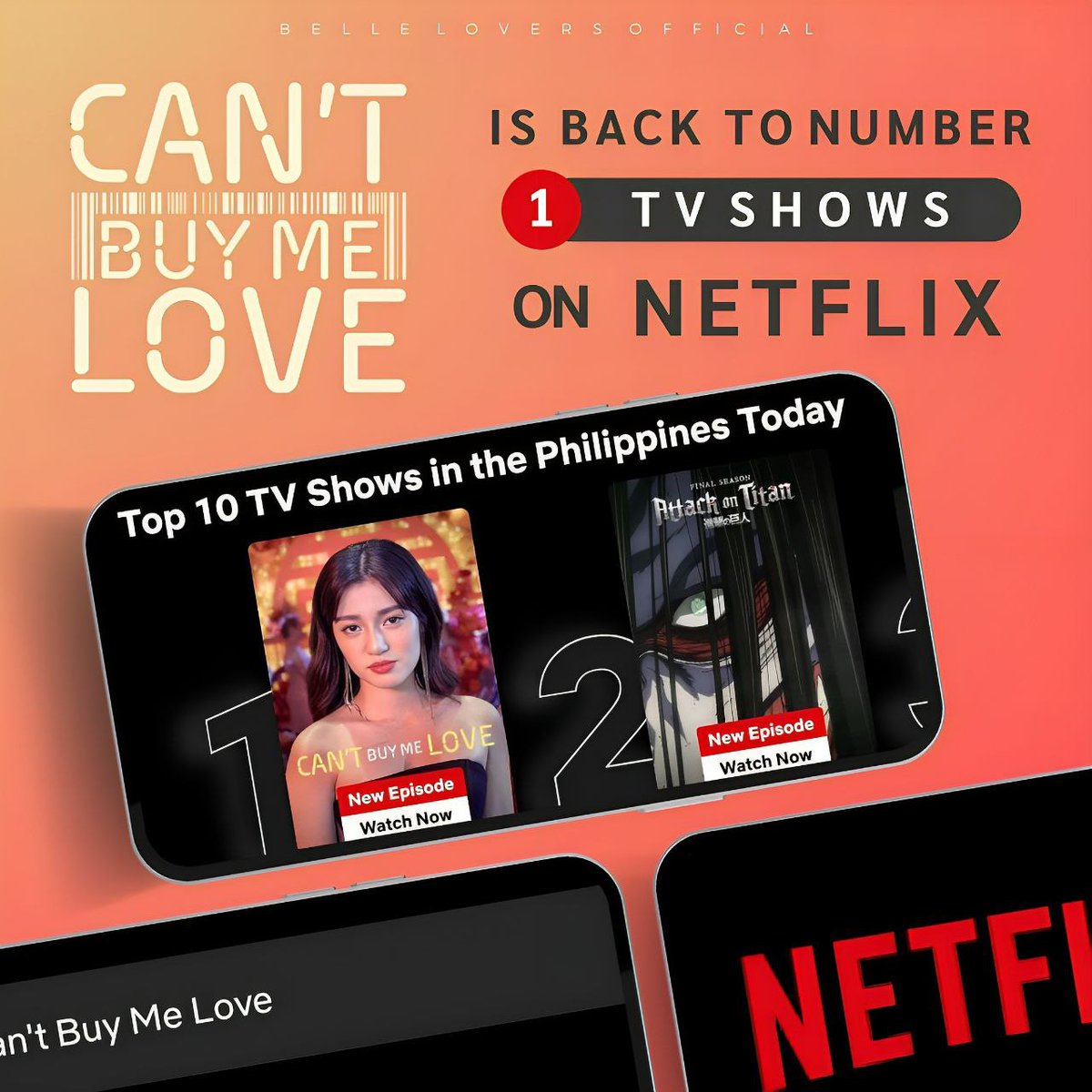 BelleloversOFC's tweet photo. Can't Buy Me Love is back to number 1 TV shows on NETFLIX! 👏🏻 🤎

#CantBuyMeLove 
#CantBuyMeLoveOnNetflix 
#BelleMariano #DonnyPangilinan https://t.co/h44nsQDjG2