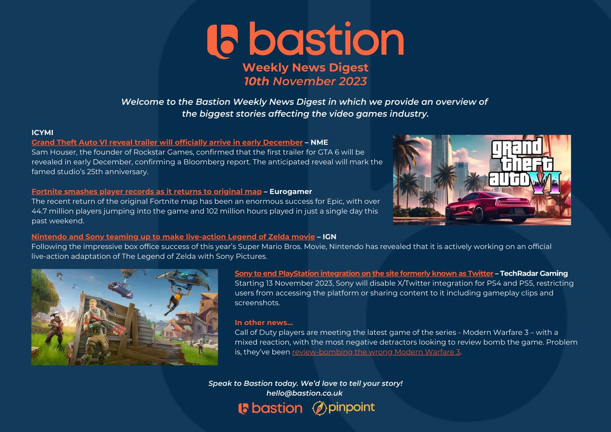 ThisIsBastion's tweet photo. Missed the latest news from across the industry?
Bastion’s weekly news digest has just landed with a round-up of the biggest stories from the video games industry this week. 🕹
#VideoGames #VideoGamesNews #VideoGamesAgency #Comms #PR https://t.co/OoyUrG1ZgC