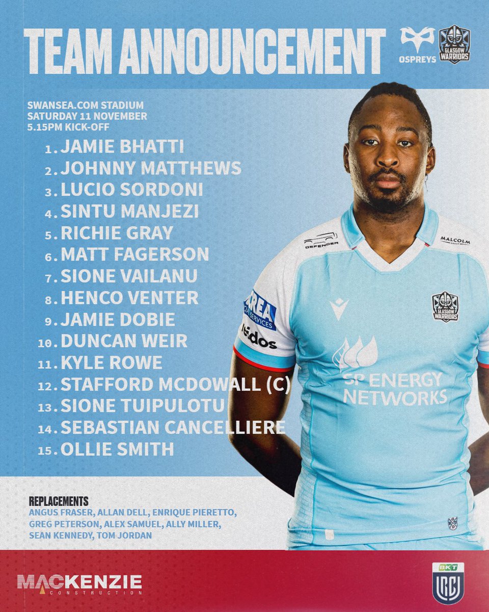 GlasgowWarriors's tweet photo. 🆕 Swansea, here we come

Here is your Glasgow Warriors team to take on @ospreys tomorrow evening in round 4⃣ of the #BKTURC! 😃

#WhateverItTakes | @MackenzieConstr https://t.co/OmZhCyqczu