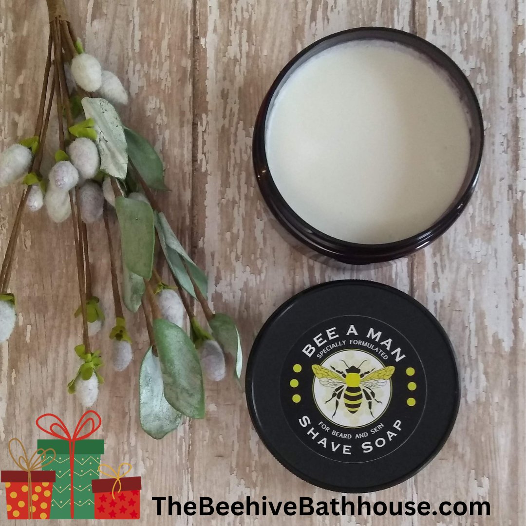 Our shave soap is formulated with Glycerin, Goat's Milk, Jojoba Oil, Kaolin Clay for a smooth shave.

#TheBeehiveBathhouse #ShaveSoap 
#Mensproducts #mensgifts