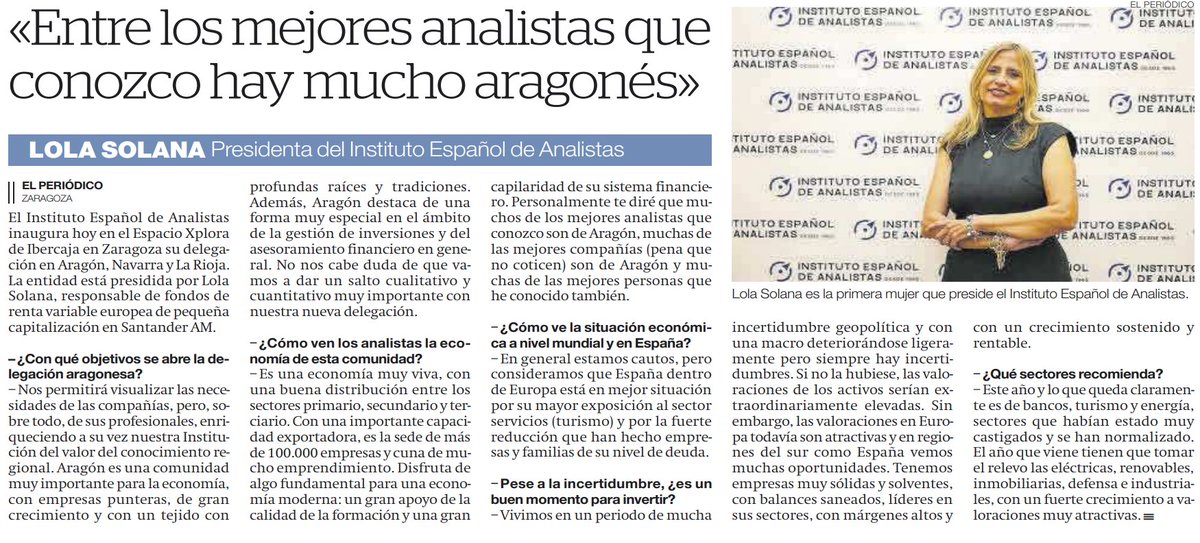 💯No te pierdas la entrevista en el <a href="/periodicoaragon/">El Periódico de Aragón</a> a nuestra presidenta, Lola Solana, con motivo de la inauguración de la delegación del Instituto Español de Analistas en Aragón, Navarra y La Rioja elperiodicodearagon.com/aragon/2023/11…

<a href="/mdscampins/">Lola Solana</a>