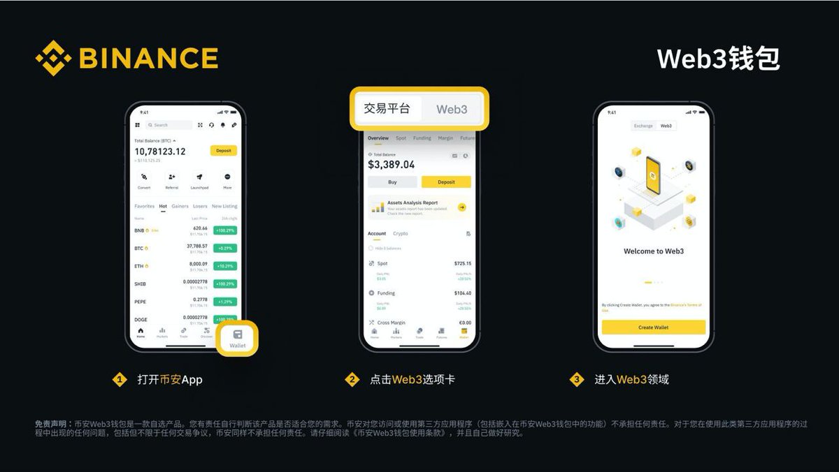 聊聊Binance的Web3钱包

11月8日，带着“引入10亿新用户”的口号，币安终于正式宣布在 Binance App 内置 Web3 钱包，一键切换CeFi和DeFi。

主要有几个特点：

（1）支持MPC（多方计算）：不再需要记忆助记词，通过