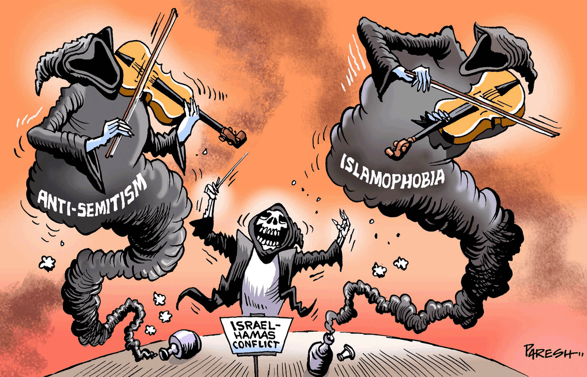 CartooningPeace's tweet photo. [EDITO]

"L’#antisémitisme attisé par la guerre au #MoyenOrient"

Notre édito hebdo est en ligne sur notre site : https://t.co/n1Ms6eNmyz

✏ @PareshNathtoons (Inde), @halltoons (États Unis), @m_cambon (France) https://t.co/9UEZW4OaCo