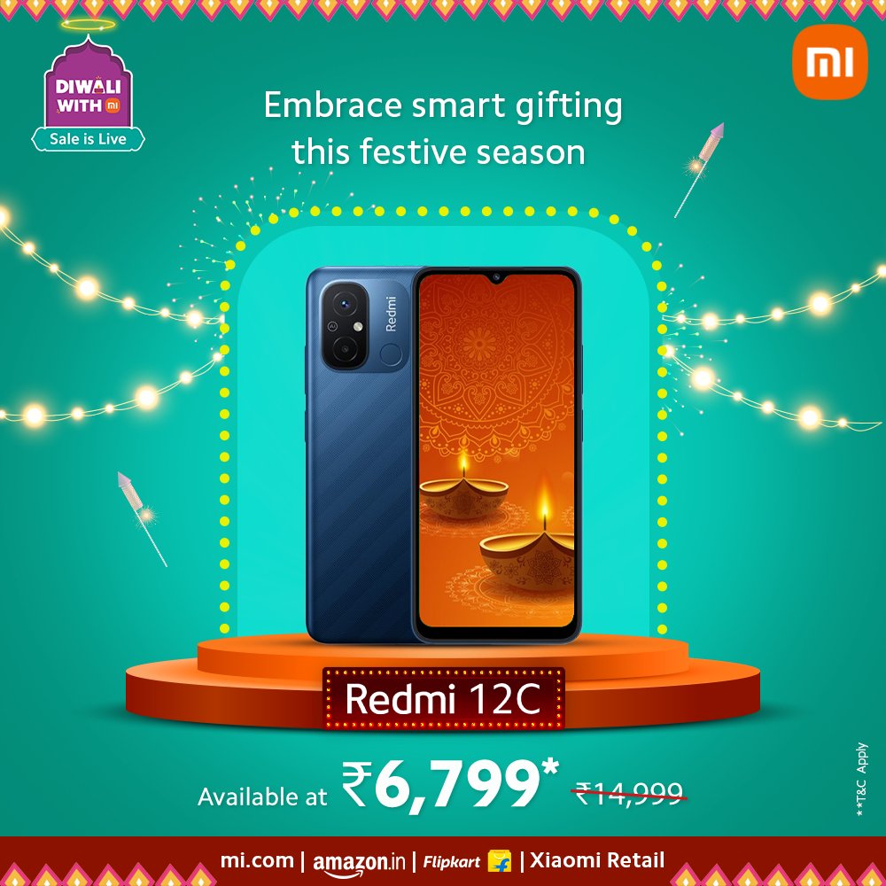 XiaomiIndia's tweet image. Get the stylish and powerful #Redmi12C at just ₹6,799* this #DiwaliWithMi sale! 

🛒 bit.ly/Redmi12C__

#TechSeSmartDilSeSmart