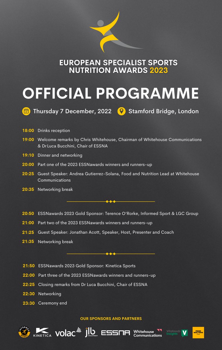 🟡 We are delighted to announce the official 2023 ESSNawards ceremony programme! Taking place on December 7 at @ChelseaFC's iconic Stamford Bridge Stadium in London, the ESSNawards brings together the very best sports nutrition brands and businesses from around the world.