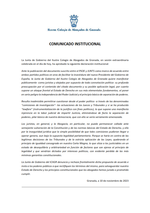 IcagrTwit's tweet photo. #COMUNICADO | La Junta de Gobierno del Colegio de Abogados de Granada ha aprobado el siguiente comunicado institucional a tenor del acuerdo entre PSOE y Junts. https://t.co/oDm1nK0LaS