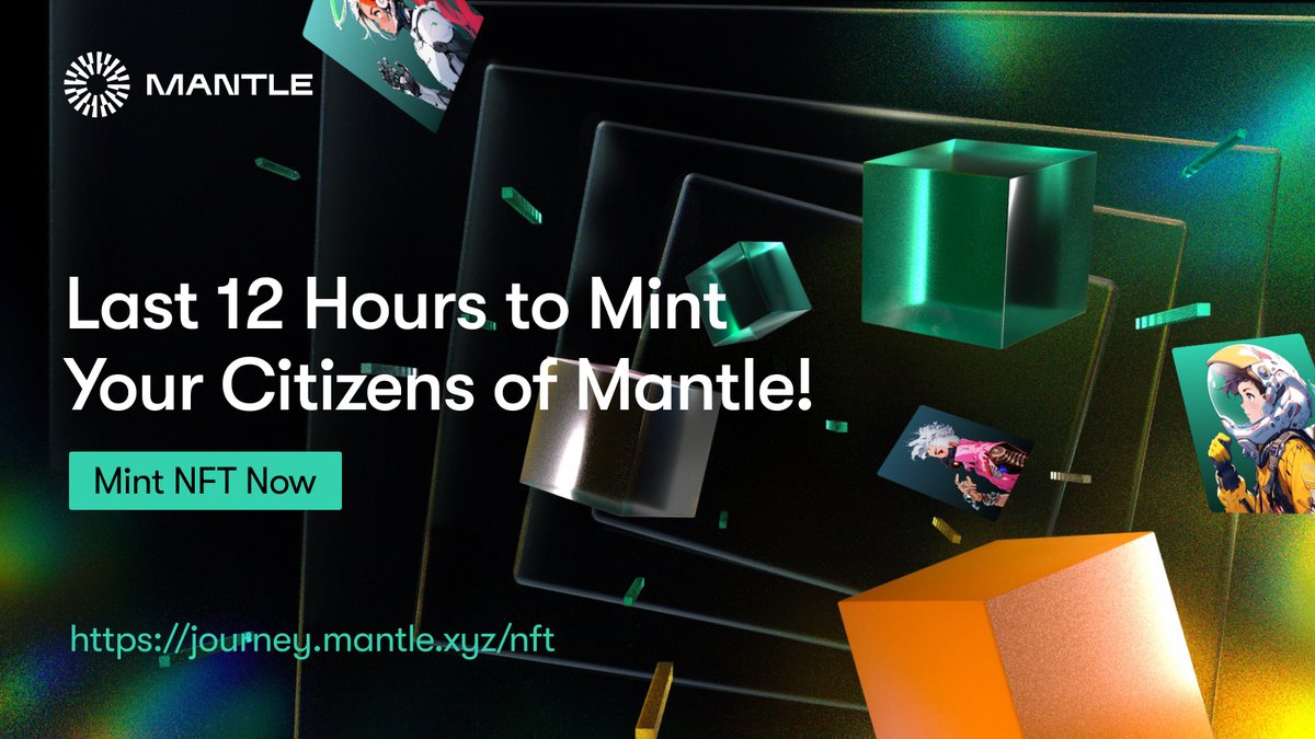 Whitelistees, you've only got 12 hours left to mint your Citizens of Mantle NFT! Don't forget that you can:

✅ Unlock exclusive privileges (to be revealed real soon!)
✅ Earn add-on traits with Mantle Journey &amp; more
✅ Trade your NFT on <a href="/mintleapp/">Mintle</a>

⏰ journey.mantle.xyz/en/nft