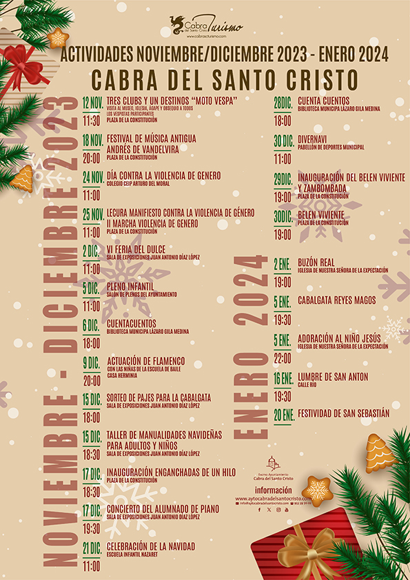 📷 OS DEJAMOS LA PROGRAMACIÓN DE ACTIVIDADES QUE VAN A TENER LUGAR DURANTE EL MES DE NOVIEMBRE Y DICIEMBRE 2023 Y DE ENERO 2024
📷Algunas actividades y horarios puedes ser modificados si la organización lo considera oportuno.
👇👇👇👇👇👇👇
aytocabradelsantocristo.com/?p=4571