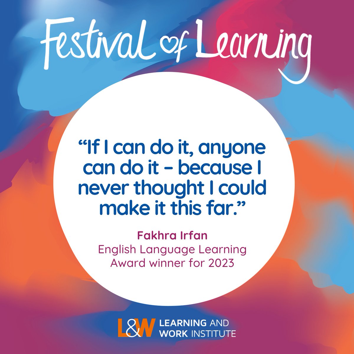 Powerful words from Fakhra Irfan, winner of our English Language Learning Award for 2023... ... And now over to you. Tell us about the learners, tutors, employers and learning provision who are winners in your eyes: 🏆 festivaloflearning.org.uk/home/nominate-… #FestivalofLearning2024