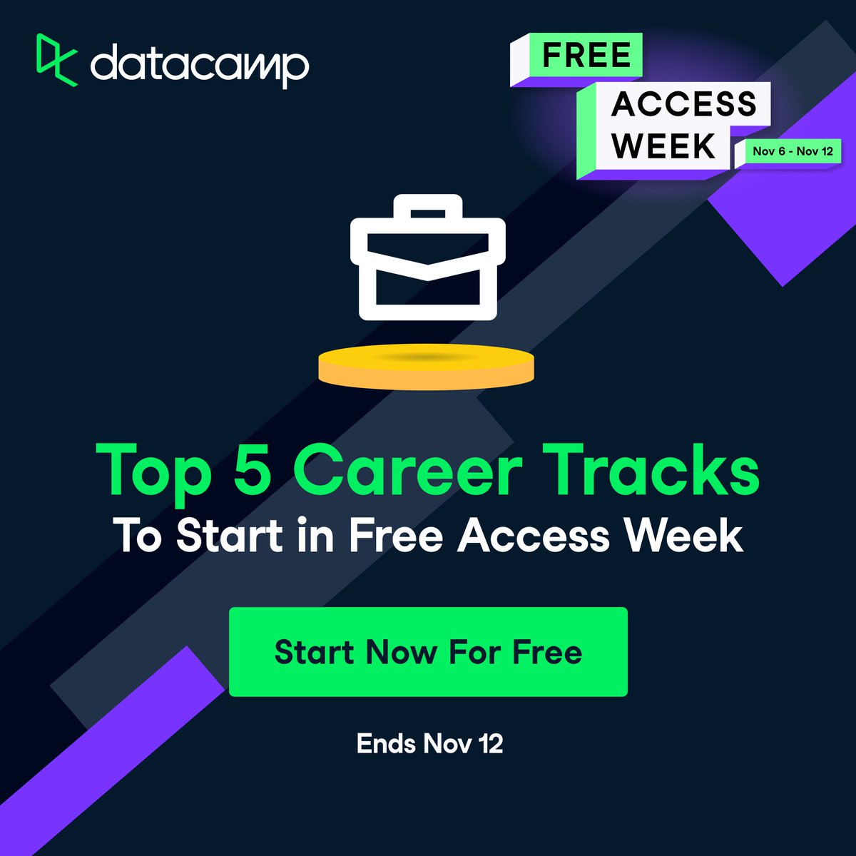 DataCamp's tweet image. As #FreeAccessWeek draws to a close, what could you achieve if you put your mind to it?

From Python, SQL, and R to Power BI, learn everything you need to start a new career in data science with our collection of top career tracks.

Time is ticking. Start now.👇