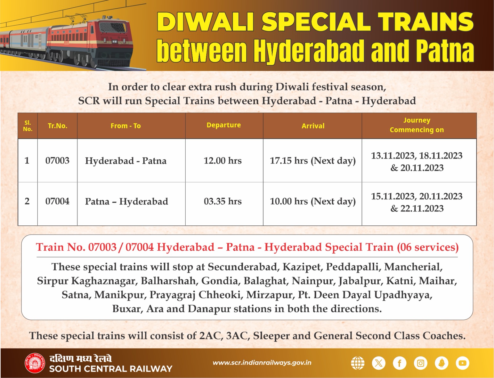 Diwali Special Trains Between Hyderabad - Patna